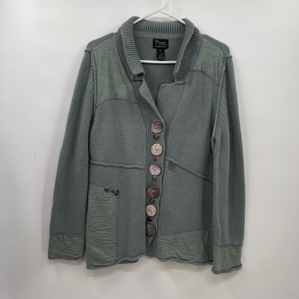 Pure Handknit XS/S Button Up Cardigan Sweater Sage Green Cotton Bohemian